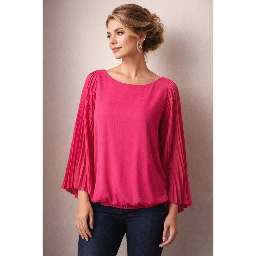 Alfani Pink Pleated Bell Sleeve‎ Blouse Women's Size 12 Elegant Flowy Top